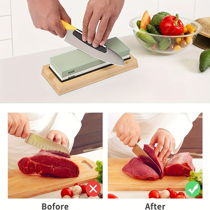 NewShark Whetstone Set 4-Sided Knife Sharpener with Grit 400/1000, 3000/8000. Includes non-slip base, angle guide, polishing leather strop, and flattening stone. Universal stone material