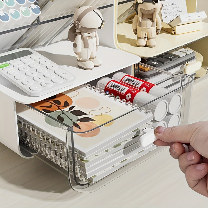 Large capacity plastic desk organizer with drawer for stationery and accessories. Can support pens, notes, and more.