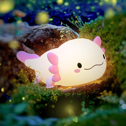 Cute Axolotl night light with touch control, dimming, and timer. USB rechargeable silicone lamp for kids' bedrooms.