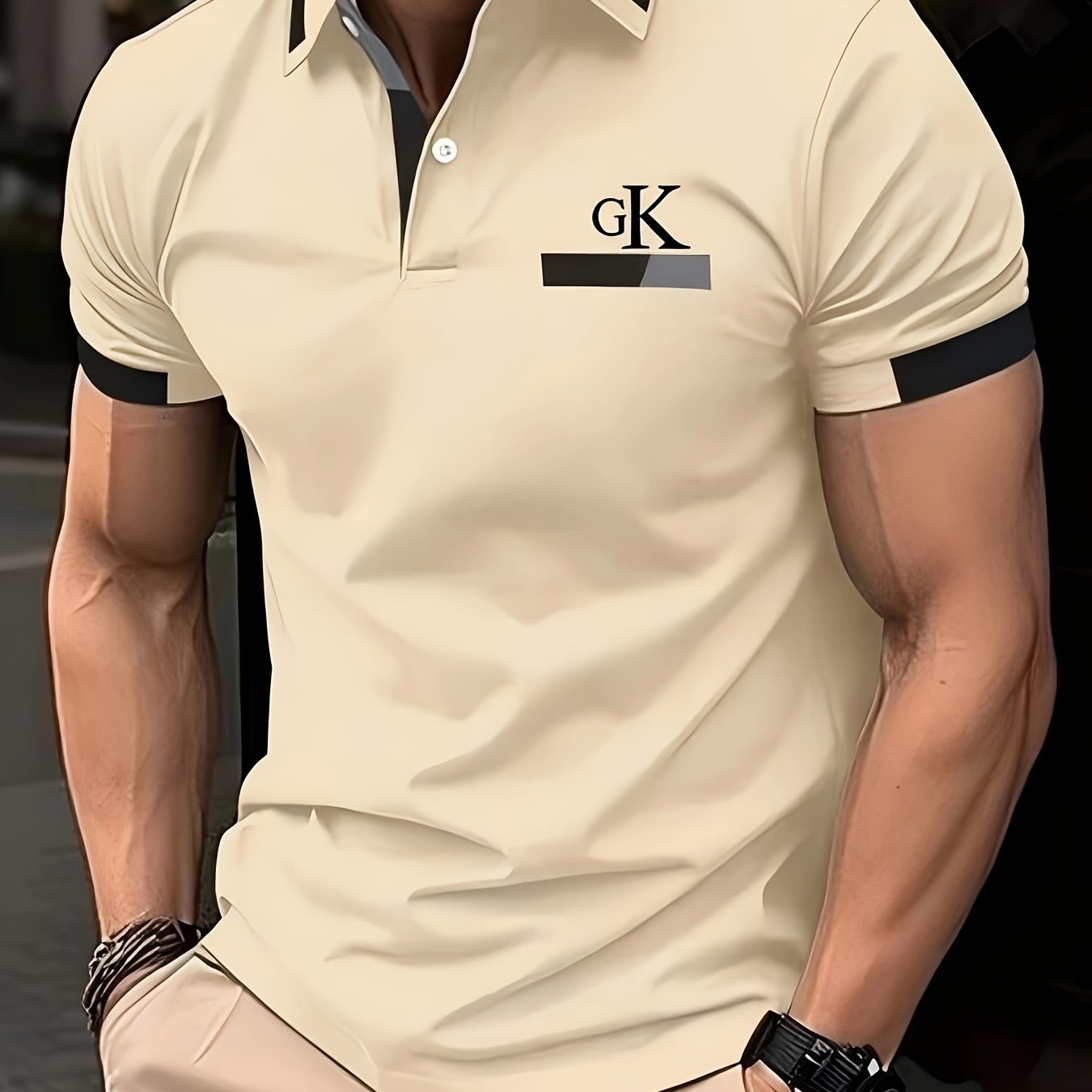 Men's summer fashion shirt with short sleeves, button detail, solid color, icon print, and breathable polyester fabric.