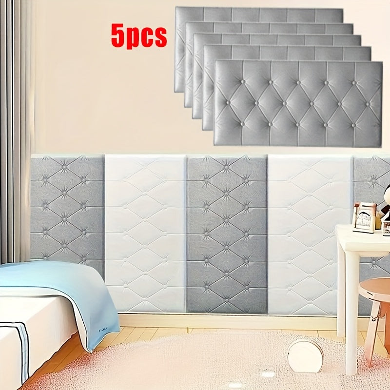 5 pieces of modern 3D self-adhesive soft wall panels in white, ideal for bedroom or living room.