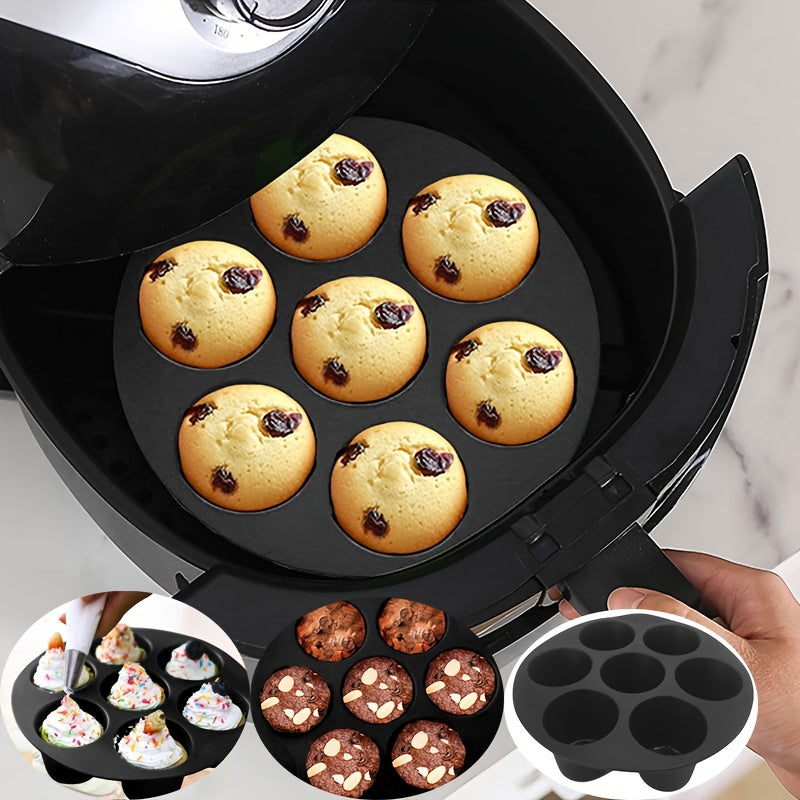 Air Fryer Muffin Silicone Mold, 7-Cup, Round Nonstick Cupcake Pan Tray for Microwave Oven, Kitchen Accessories - 1pc, 17.78cm/20.32cm