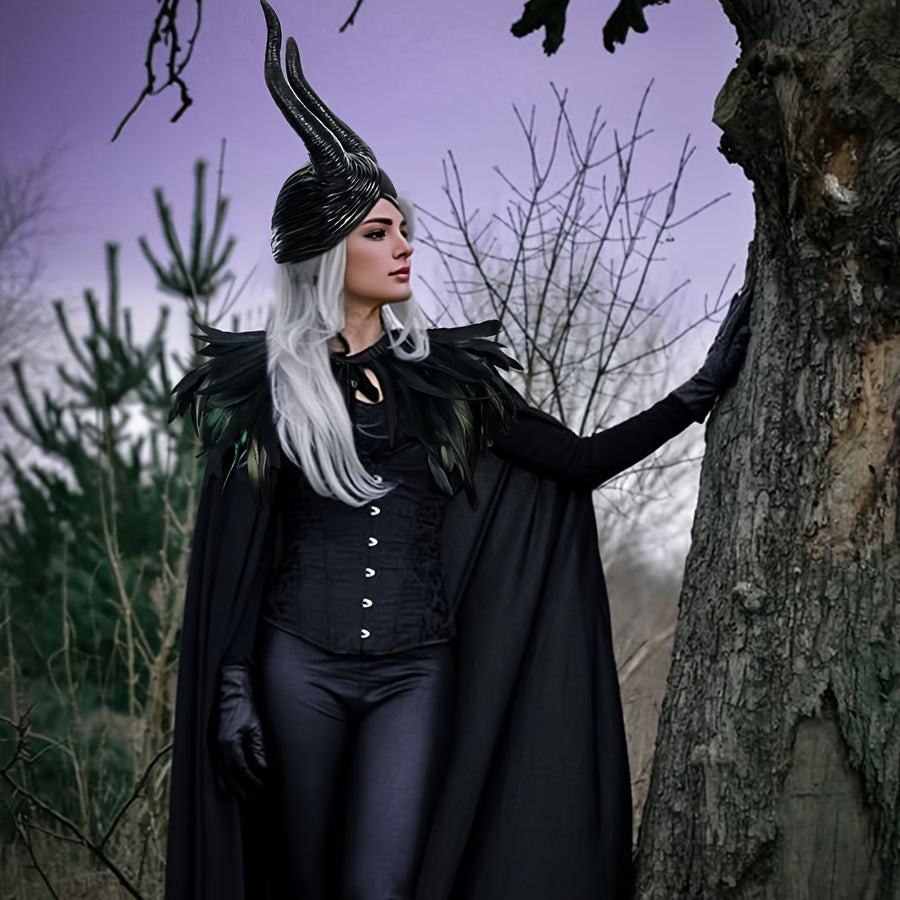 3-piece Halloween costume set includes a black velvet cape, faux feather shawl, and Maleficent horns headband for the perfect Gothic Witch outfit.