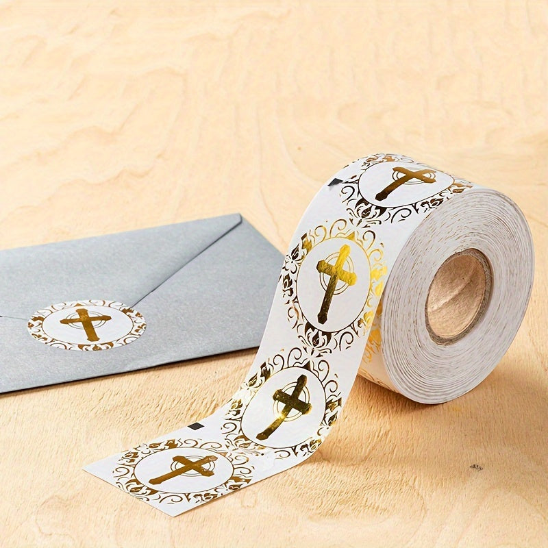 500 gold-plated Christian prayer stickers with circular crosses for sealing envelopes and office labels.