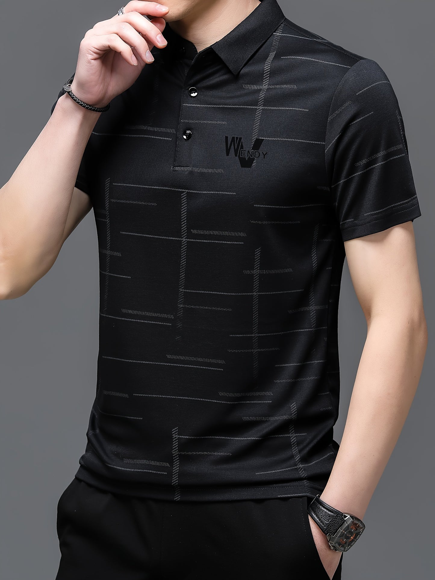 Men's sports shirt with irregular stripe pattern, alphabet print, lapel collar, short sleeves, and suitable for summer outdoor activities.