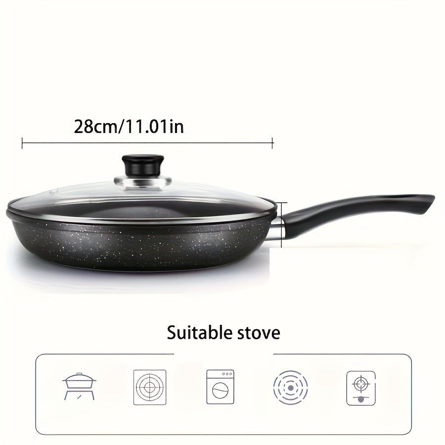 Multi-purpose cast iron skillet set with a non-stick coating and lid - ideal for cooking steak, pancakes, and other dishes. Comes with a spatula and is easy to clean, suitable for use on all stovetops.