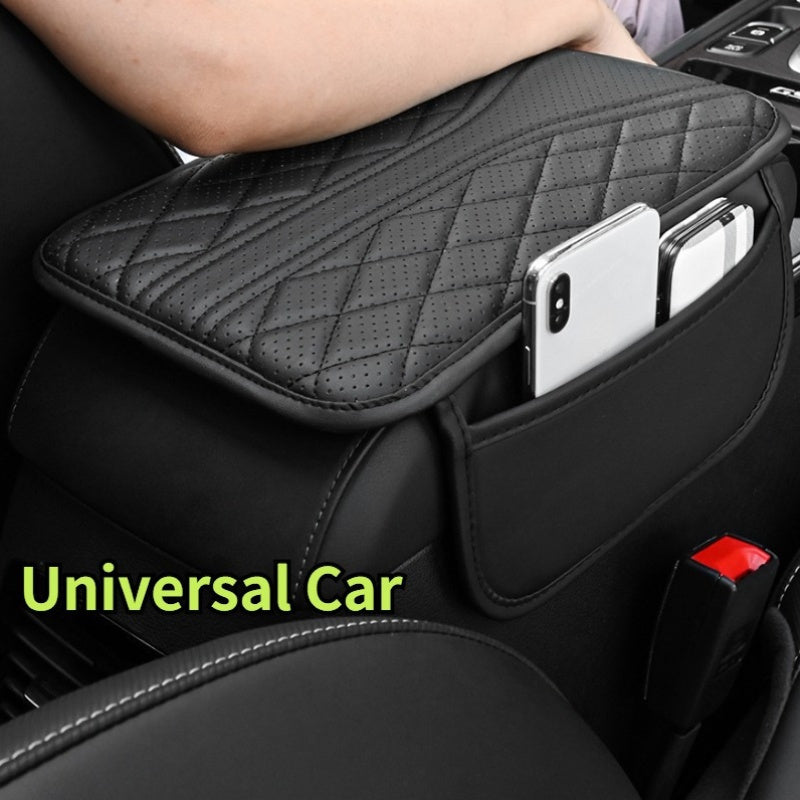 Universal car armrest cushion with storage pocket for anti-scratch protection.