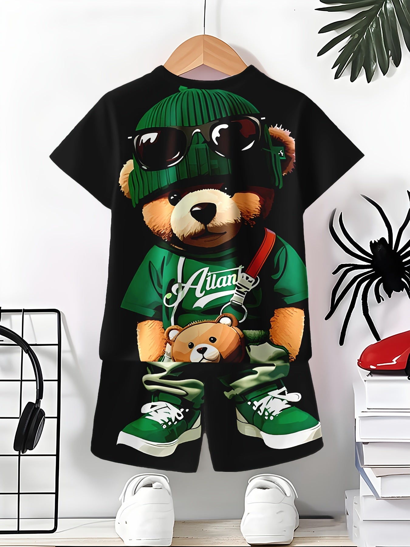 Boys' 3D printed casual outfit set with comfy polyester T-shirt and shorts featuring cool bear design, ideal for spring/summer and outdoor wear.