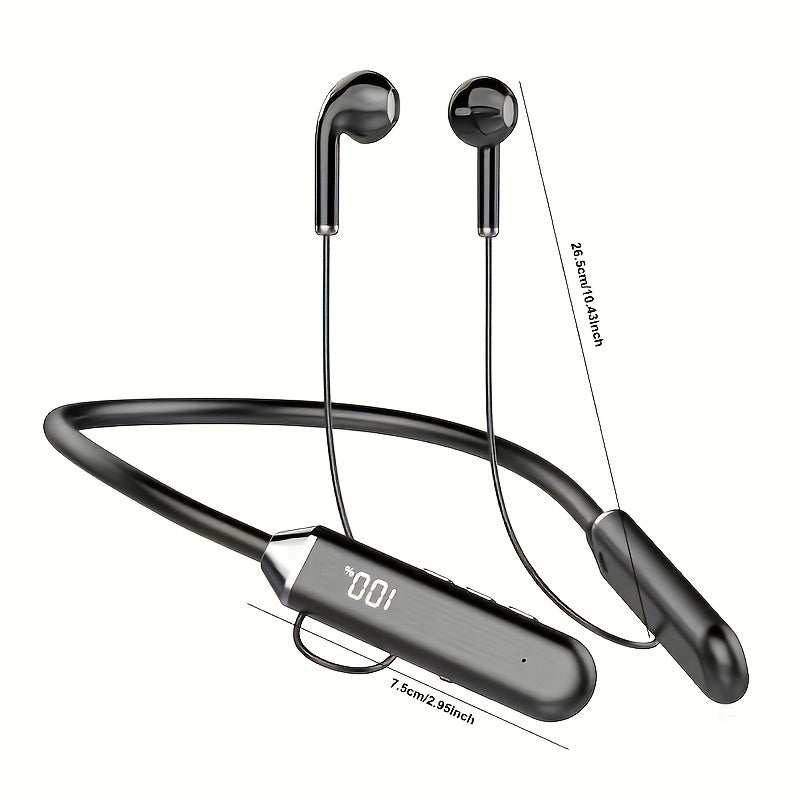 Wireless neckband earphones with display, noise-cancelling, long battery life, USB charging, volume control, made of plastic, suitable for recording devices.