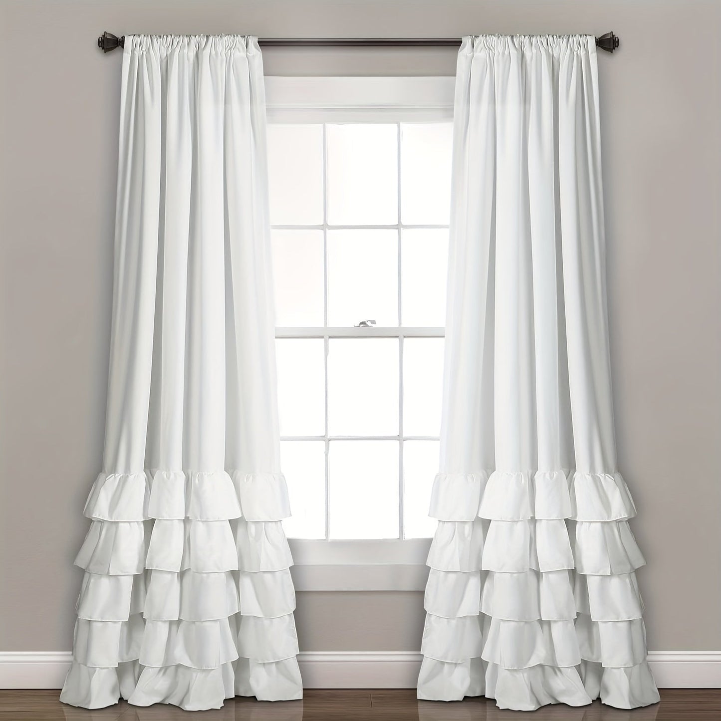 Two heavy-duty pleated lace window curtains for living room decoration. Each curtain measures 132.08cm wide by 213.36cm tall.