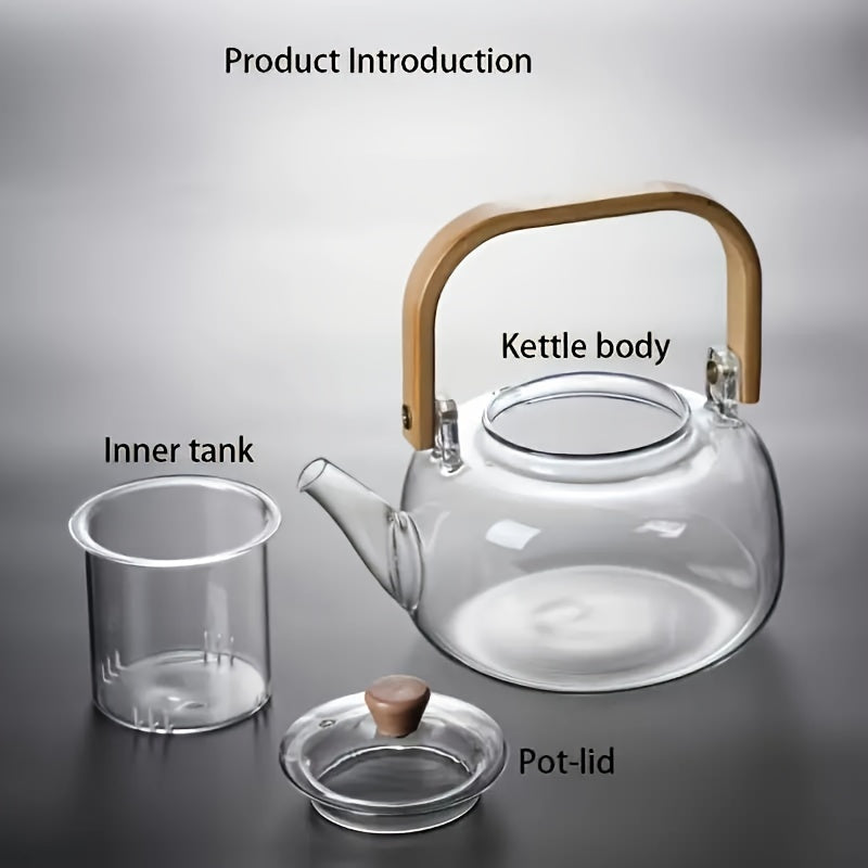 Glass teapot with bamboo handle and removable infuser, 34oz capacity. Made of heat-resistant clear borosilicate glass. Ideal for brewing loose leaf tea.