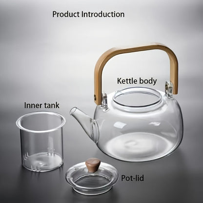 Glass teapot with bamboo handle and removable infuser, 34oz capacity. Made of heat-resistant clear borosilicate glass. Ideal for brewing loose leaf tea.