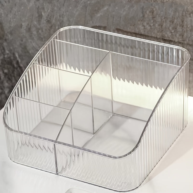 Transparent PET cosmetic organizer with 5 compartments. Ideal for makeup and office supplies. Portable, lightweight, and polished finish. Great desk accessory.