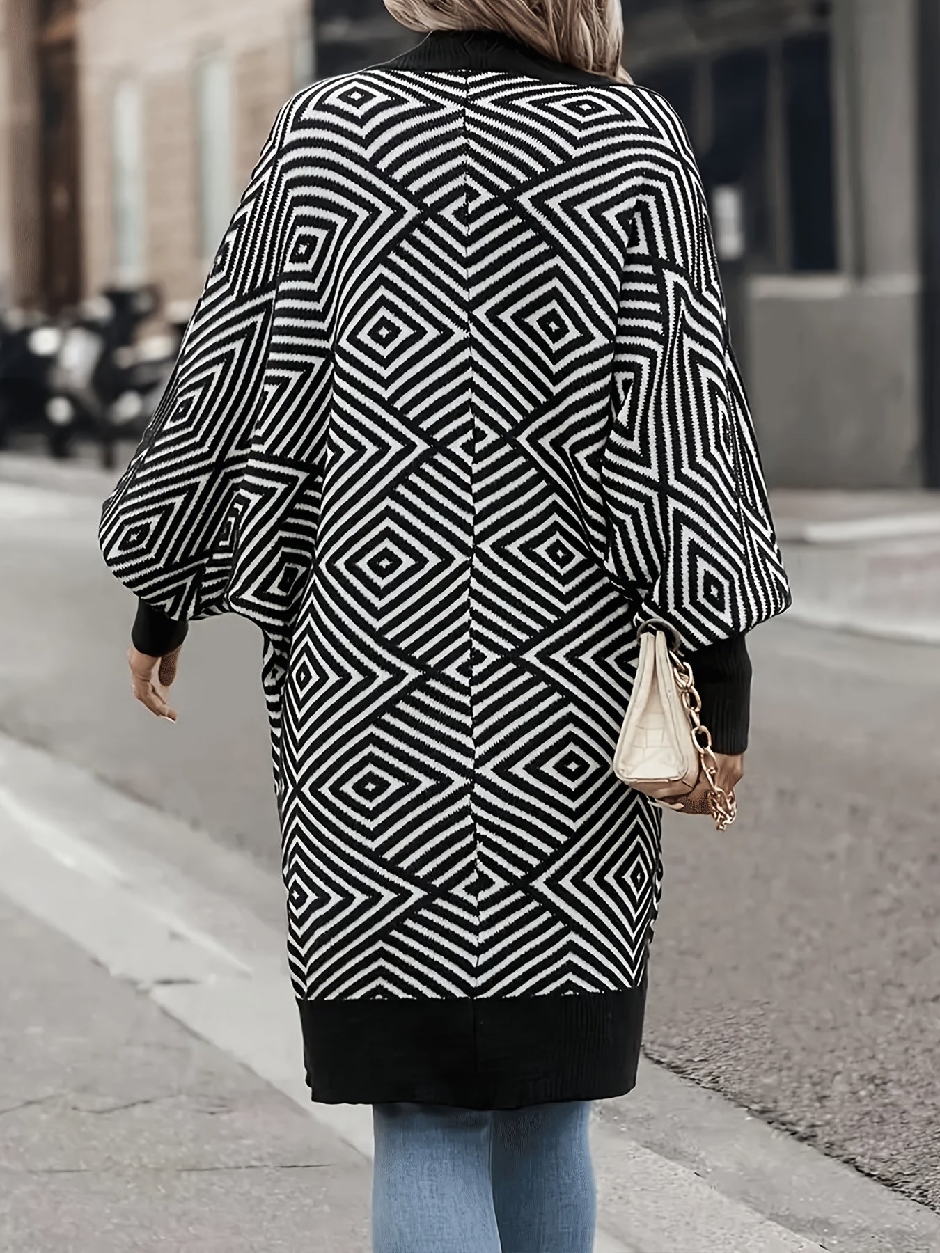 Geometric Print Cardigan for Plus Size Women, Open Front Outwear with Long Sleeves