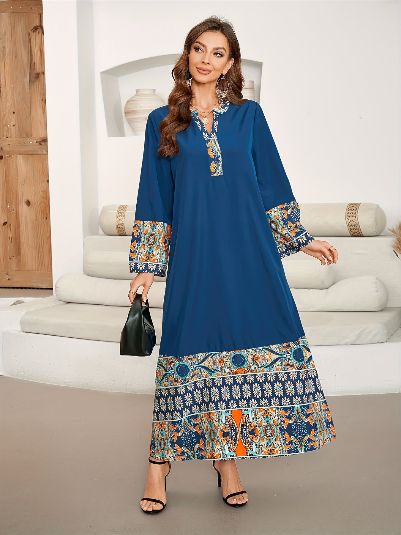 Ethnic print color block kaftan with notched neck and long sleeves, maxi dress for women