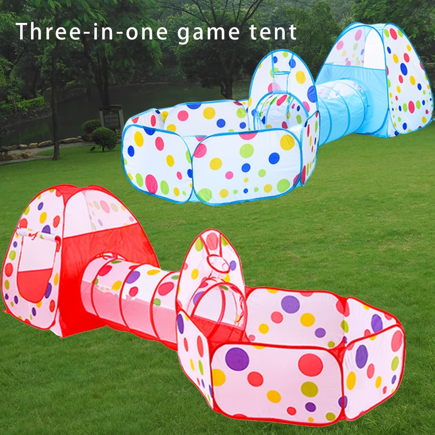 Indoor three-in-one ball pool tunnel for children with wave pattern; includes crawl and shooting games.