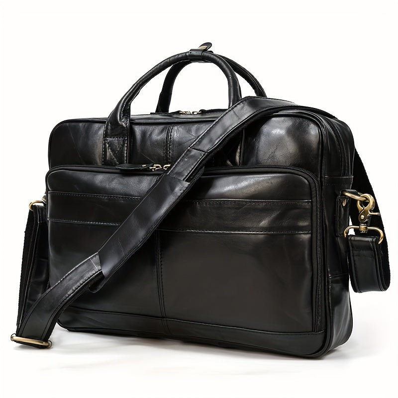 Men's genuine leather briefcase with laptop compartment, adjustable shoulder strap, zipper closure, and polyester lining for office and daily commute.