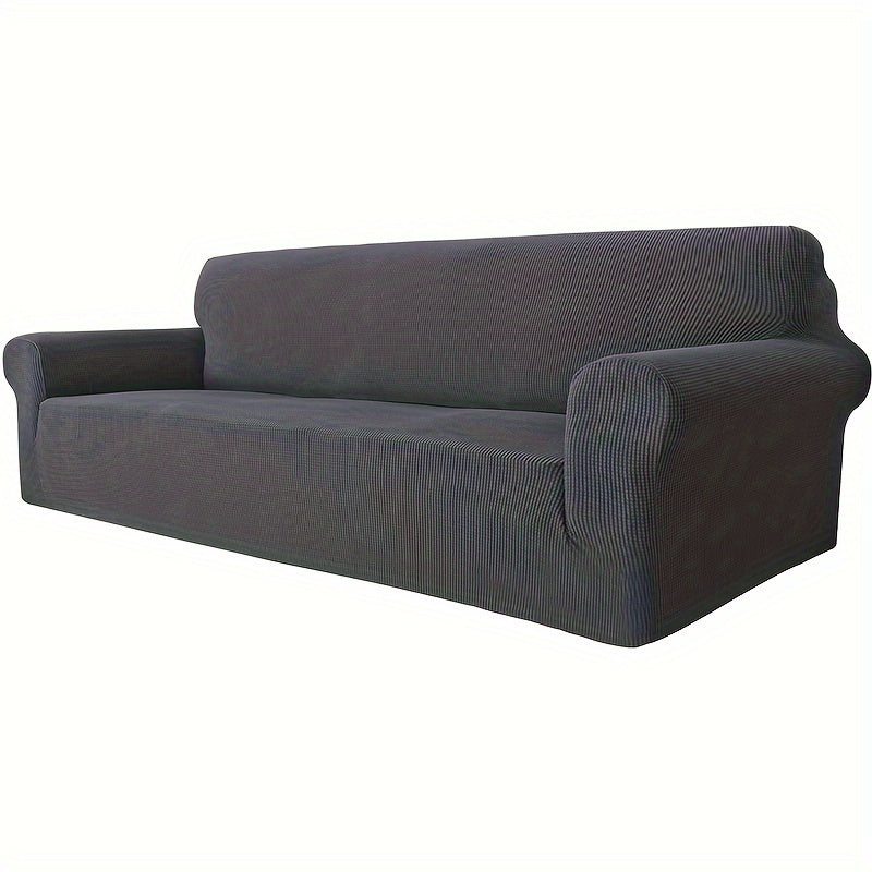 Jacquard fitted sofa slipcover with elastic band, machine washable polar fleece fabric. Compatible with various sofa sizes. Protects furniture from dust and cat scratches.