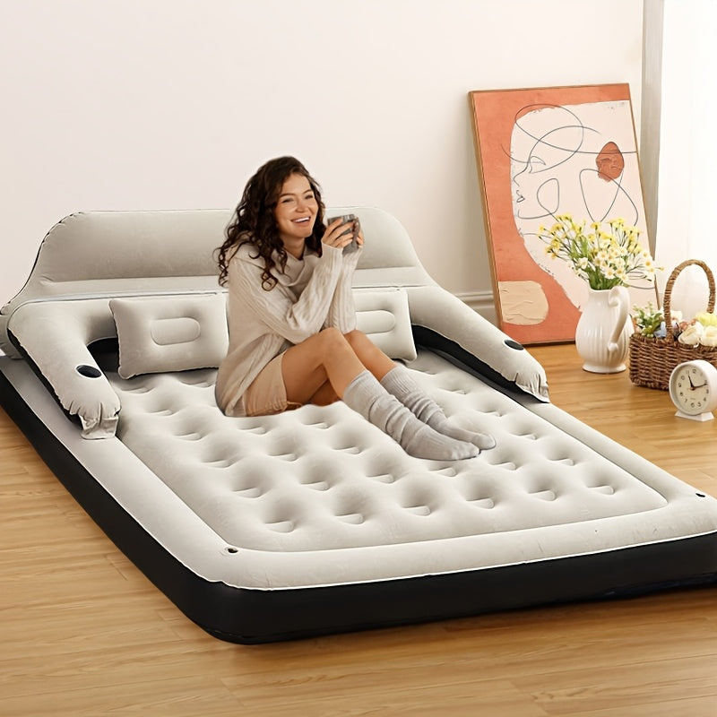 Inflatable air mattress with integrated pump, designed for maximum comfort and convenience. Made of durable plastic, featuring a deep fill design for optimal sleeping support. Includes backrest, headboard, and pillows for added relaxation. Suitable for