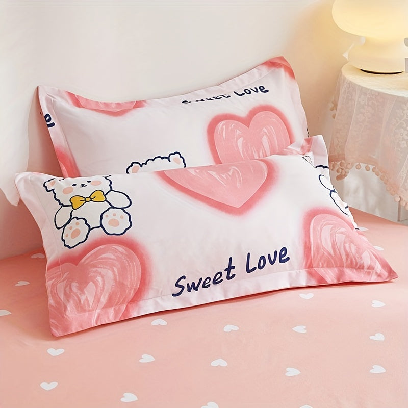 Four Seasons bedding set with Love Bear print, includes quilt cover, pillowcases, and fitted sheet. Soft, breathable, machine washable.