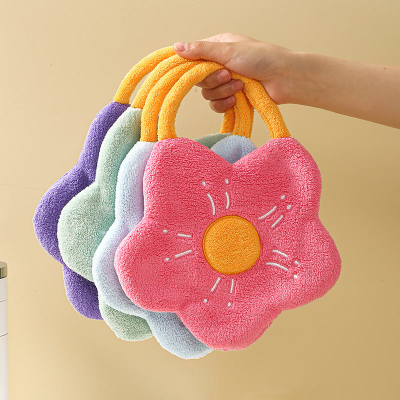 One piece of Flower Shaped Coral Fleece Hand Towel, made of quick-dry absorbent polyester for cleaning, a chemical-free woven dishcloth perfect for kitchen, bathroom, and camping use.