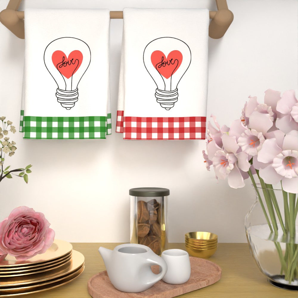 Valentine's Day Heart Bulb Design Kitchen Towels - Set of 2 | 45.72x66.04cm | Super Absorbent & Quick-Dry | Soft Polyester | Ideal for Kitchen, Bathroom & More | Great Gift | Decorative Towels | Machine Washable | Dish Towels