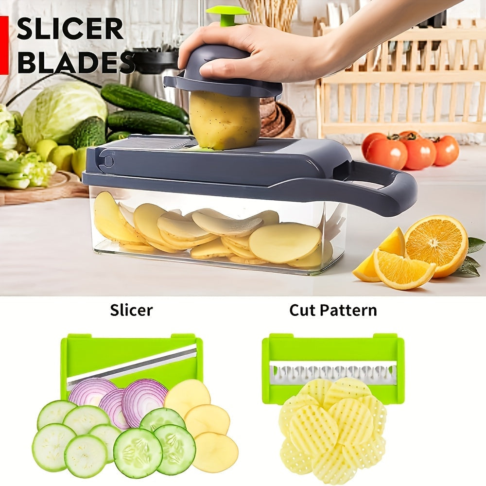 Get ready to slice, dice, and julienne your vegetables in a snap with this 16-piece multifunctional vegetable slicer and dicer! Featuring interchangeable blades for easy meal prep, this set includes a slicer with 8 blades and a convenient container for