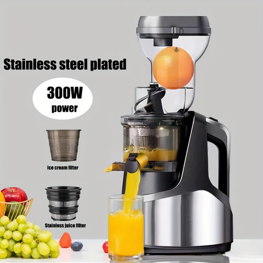 EU Plug Hilton Cold Press Juicer, 300W медленный жевательный соковыжиматель с большим загрузочным отверстием для целых фруктов и овощей, легкий в очистке, высокий выход сока, домашнее мороженое, нержавеющая сталь