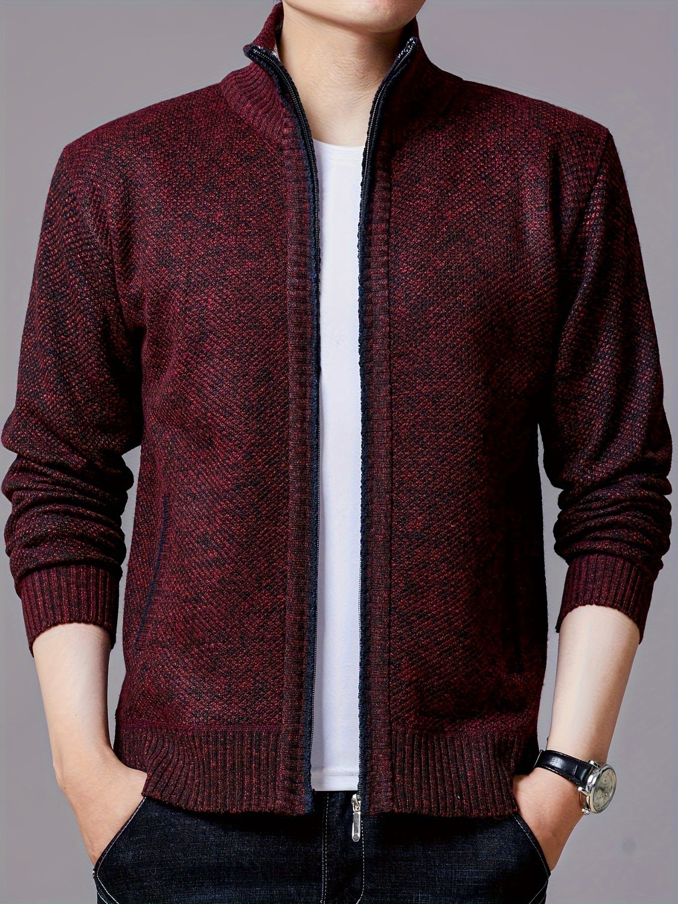 Men's Solid Fleece Cardigan with Pockets, Turtle Neck Zip Up Sweater for Outdoor Activities in Winter and Fall.