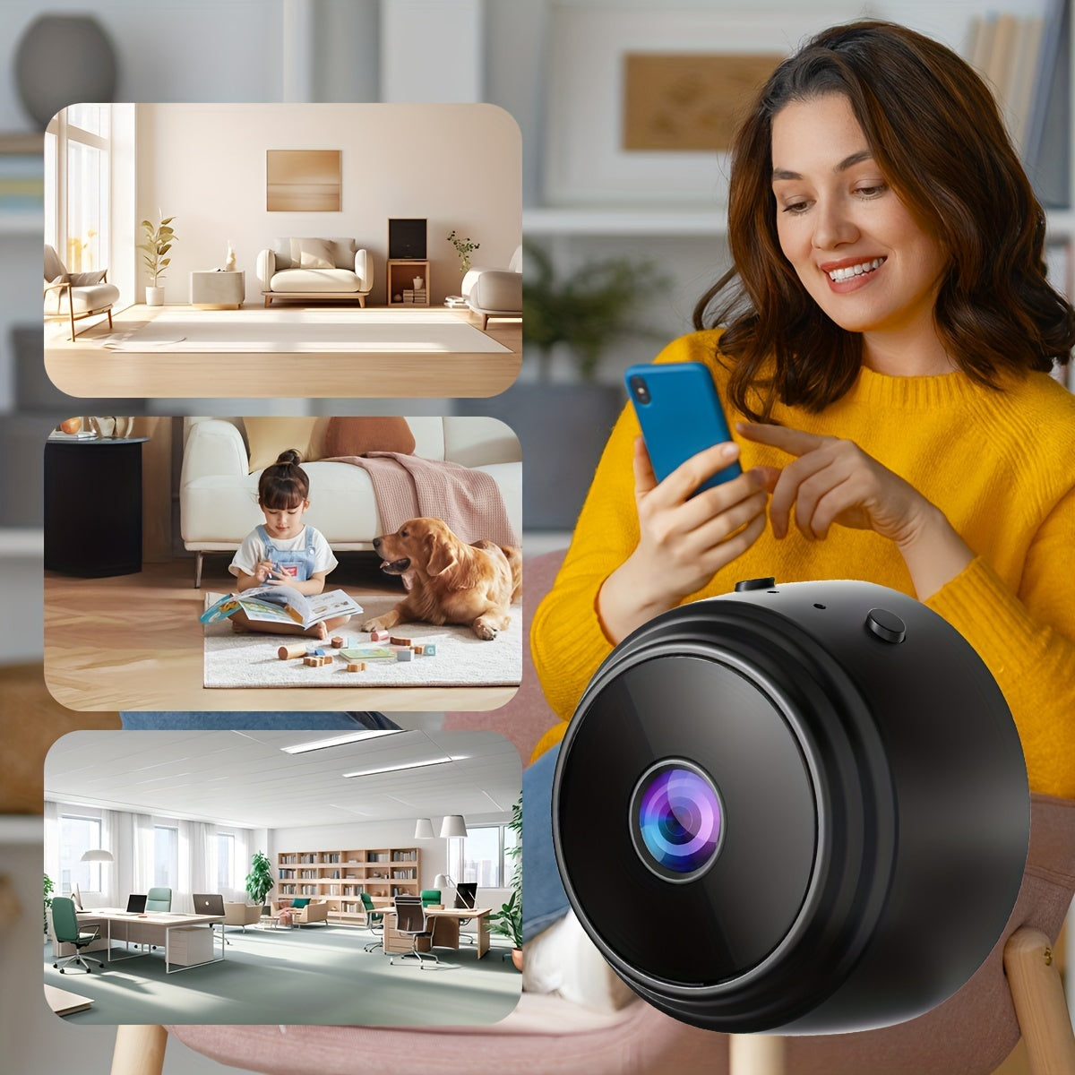 Mini wireless security camera with WiFi, app control, rechargeable battery, not waterproof, compatible with home assistant.