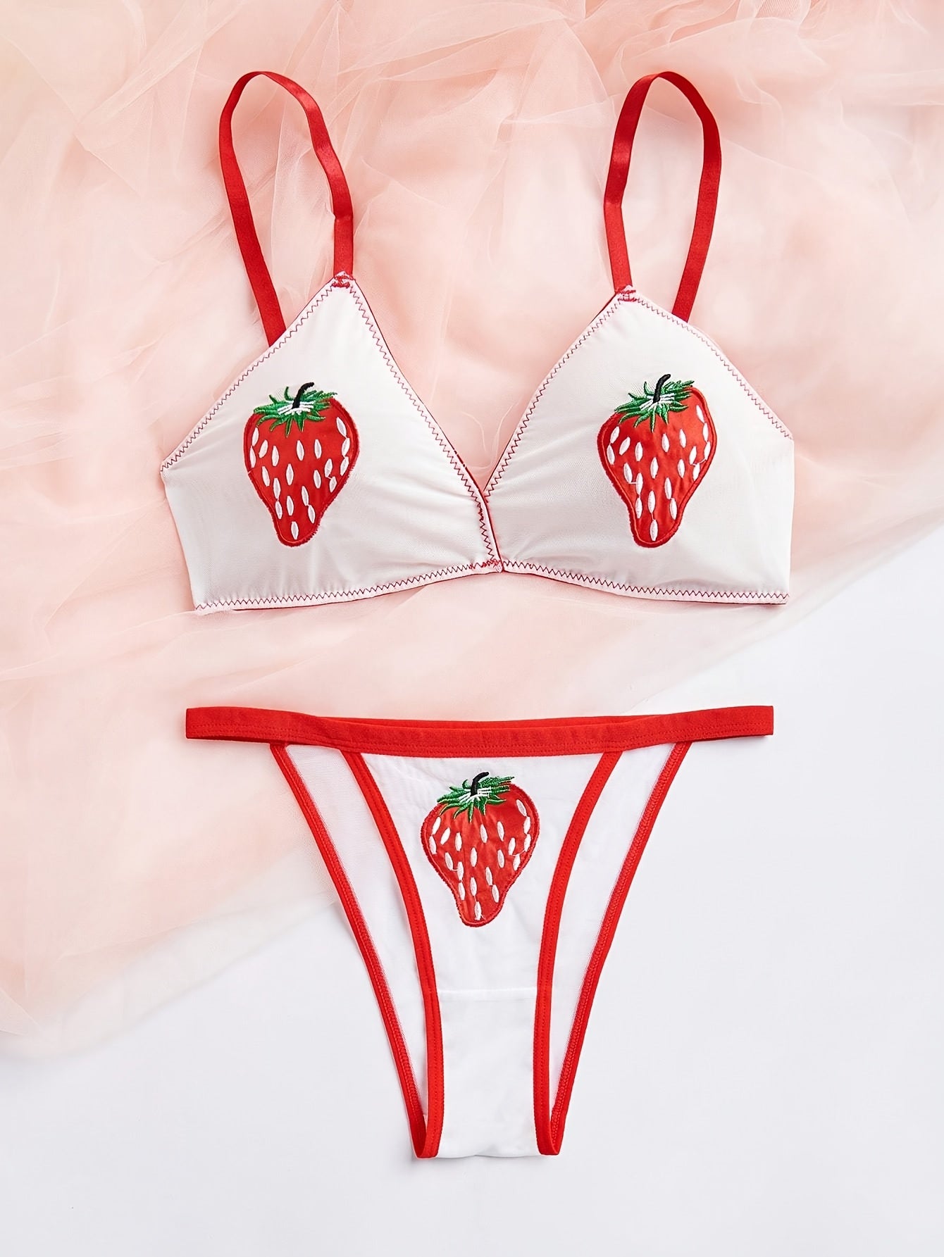 Strawberry Pattern Bra & Panty Set for Women - Comfortable Nylon Blend with Padded Support, Mid-Rise Briefs - Stylish Lingerie for Casual Attire