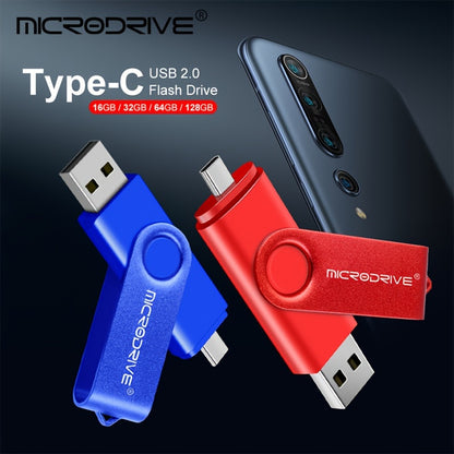 MiCRODRIVE USB 2.0 Pen Drive in 4GB, 8GB, 16GB, 32GB, 64GB, and 128GB capacities, with a 360 rotating metal design and Type-C compatibility for Android devices. Available in black, blue