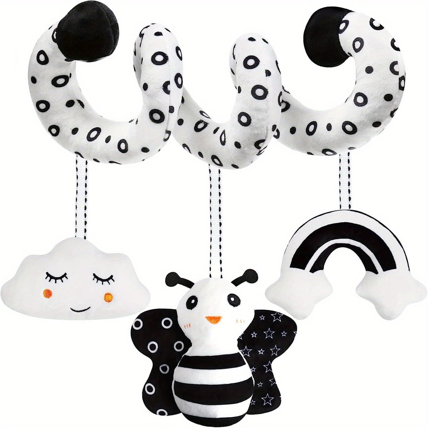 Newborn plush activity toy for bed, bassinet, crib, or baby carrier. This black and white high contrast spiral hanging stroller and car seat toy is perfect for stimulating your baby's developing senses. Great as a gift for new parents.