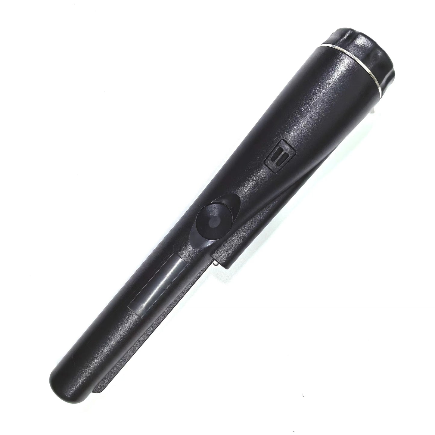 Handheld metal detector pinpointer with high sensitivity for precise treasure hunting, includes belt holster and retractable lanyard.