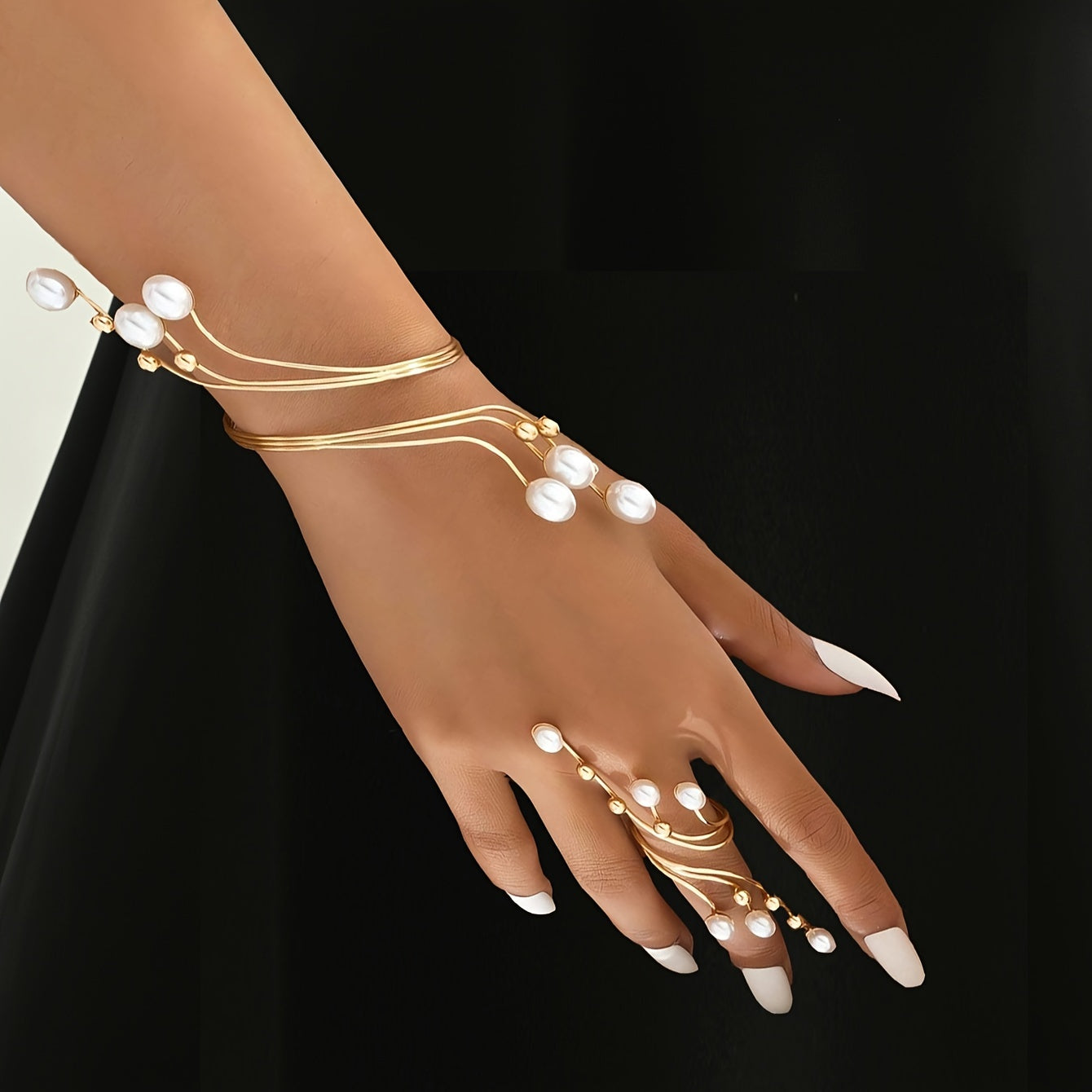 Chic 2-Piece Hand Jewelry Set for Women - Elegant Creative Design featuring Iron Chain, Gold-Tone Finish, Pearl and Bead Embellishments - Versatile Bracelet Ring Combo perfect for Daily Wear and Gifting