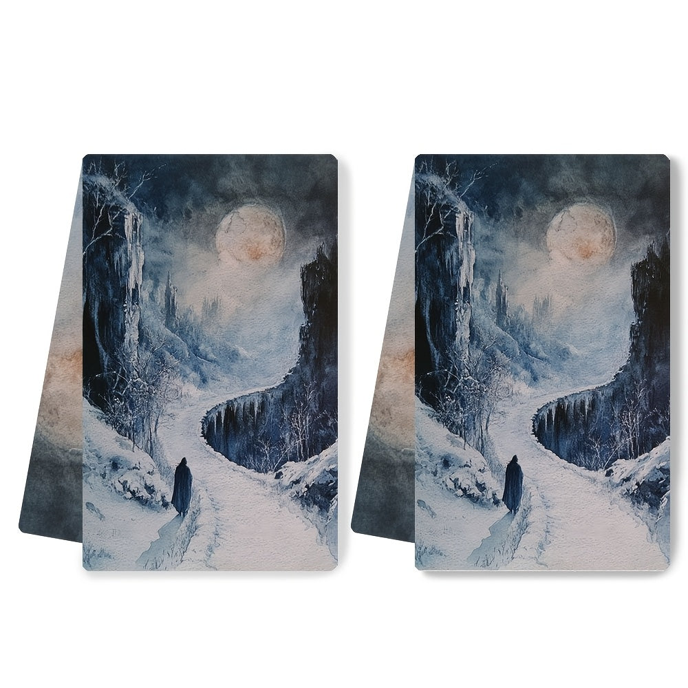 Two pieces of ultra soft kitchen towels featuring the Painted World of Ariandel design. These highly absorbent and machine washable dish hand towels measure 40.64x60.96 cm, making them ideal for holiday decor and drying dishes.