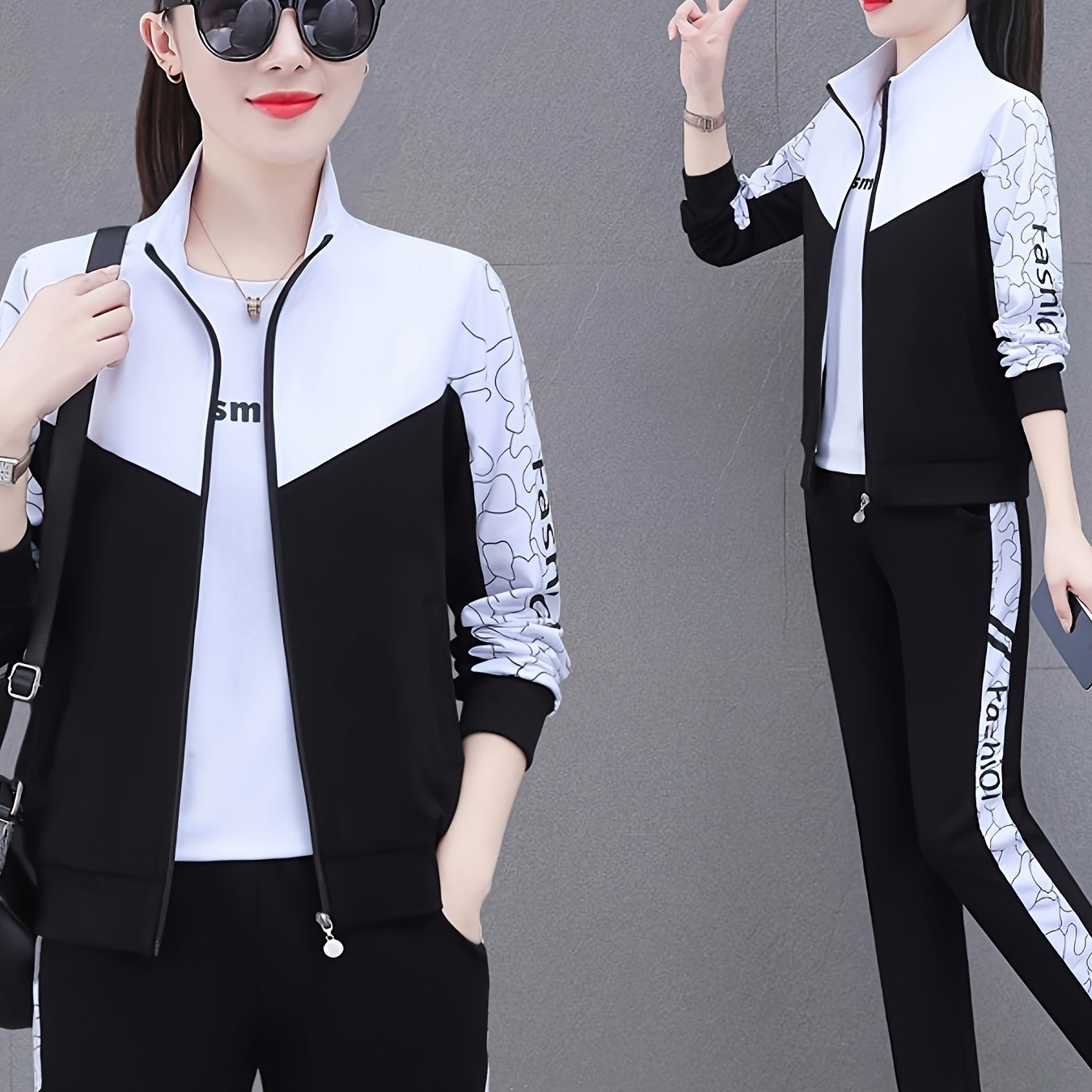 Women's two-piece cardigan jacket sports suit for spring and autumn with long sleeve trousers for casual outdoor wear.