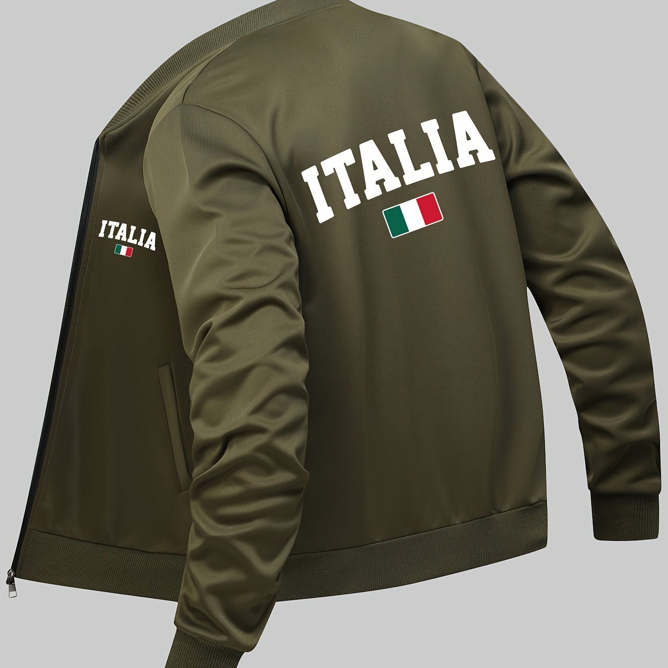 Stylish Italian Flag Print Bomber Jacket for men in red with zipper pockets, stand collar, and long sleeves. Perfect for fall and winter. Casual sporty outerwear.