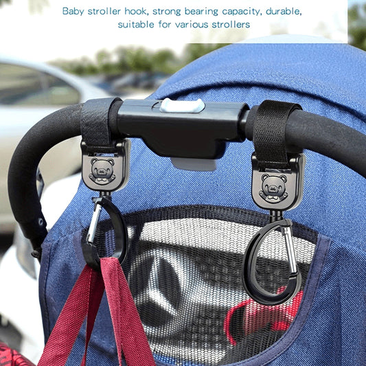 '- Two adjustable Stroller Hooks with 360 Degree Rotation, Hook-and-loop Closure, and Detachable Feature, made from sturdy Plastic