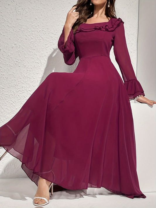 Polyester long sleeve dress for women with ruffled neckline, Middle Eastern style, machine washable, suitable for all seasons.