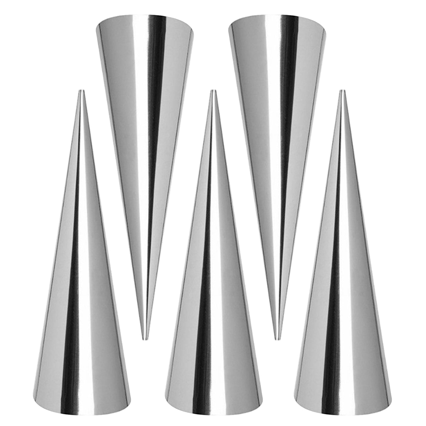 Set of 30 stainless steel cone-shaped molds for making croissants, cannolis, cream rolls, puffs, waffle cones, and more baking supplies and kitchen gadgets.