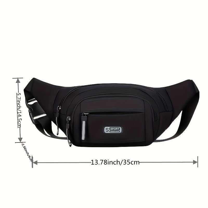 Men's sports waist pack in black. Large capacity, water-resistant, fashionable and durable. Features a phone pouch, adjustable shoulder strap, and wristlet. Hand washable and