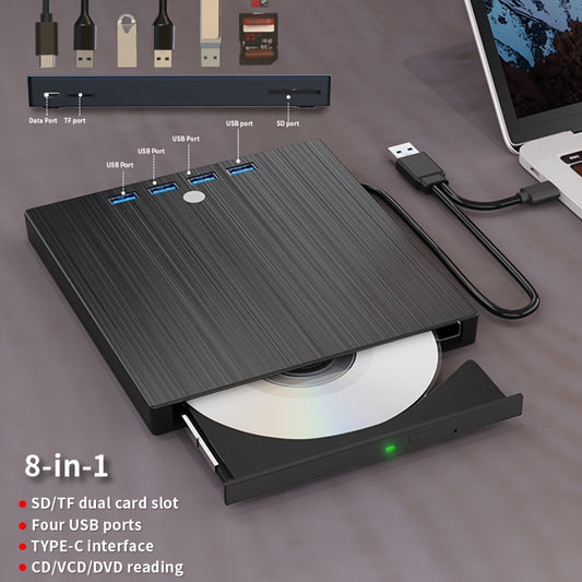 Slim external optical drive with 8-in-1 capabilities, USB 3.0 and Type-C compatibility for burning, reading, and playing CDs/DVDs on laptops and PCs running Windows, Linux, or Mac.