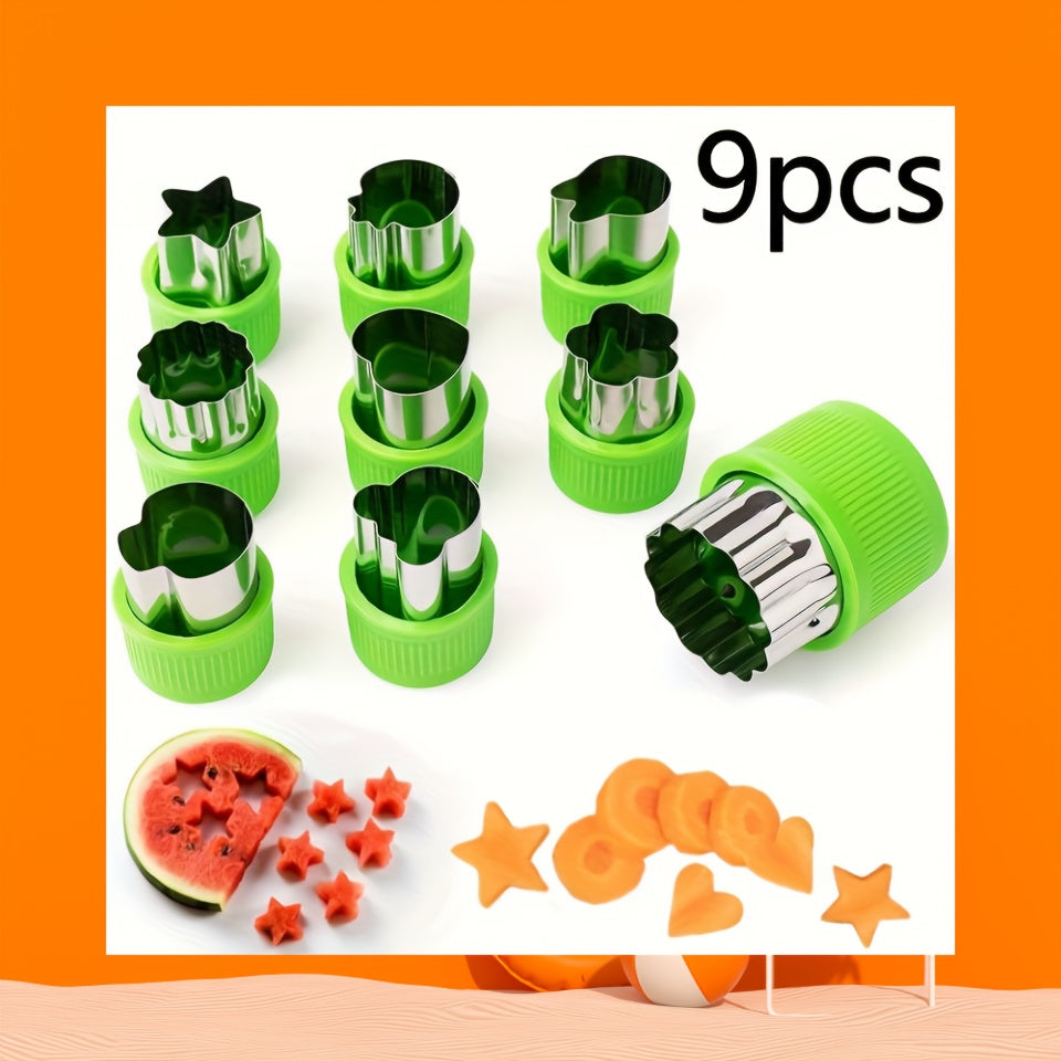 Set of 9 mini vegetable cutter shapes made of stainless steel, perfect for young bakers to use as fruit and cookie stamps. Great for baking, pastry making, and food decorating.