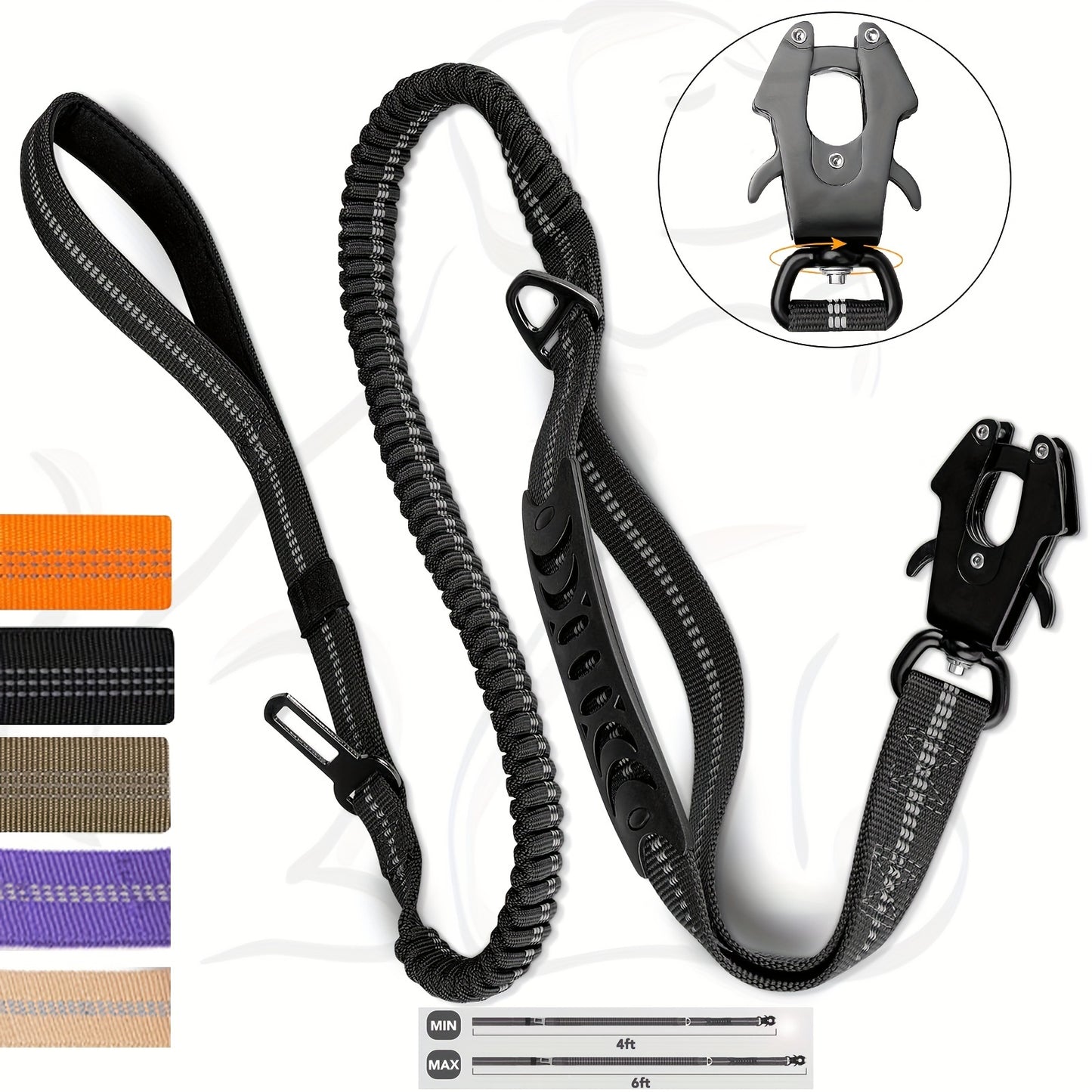 Durable tactical bungee dog leash with quick release carabiner, reflective design, and car seatbelt attachment for medium to large dogs in khaki, black, army green, and orange.