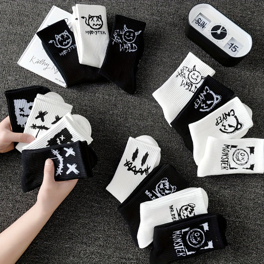 10 Pairs Unisex Skateboard Socks with Trendy Prints for Men & Women, Perfect for Basketball and Outdoor Activities - Breathable and Sweat-Absorbent. Trendy designs like Bears, Monsters, and