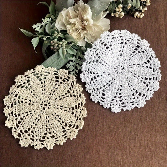 Handmade crochet lace doily with dream catcher design, round polyester placemat, solid color knit fabric table mat, machine washable, perfect for Christmas decor.