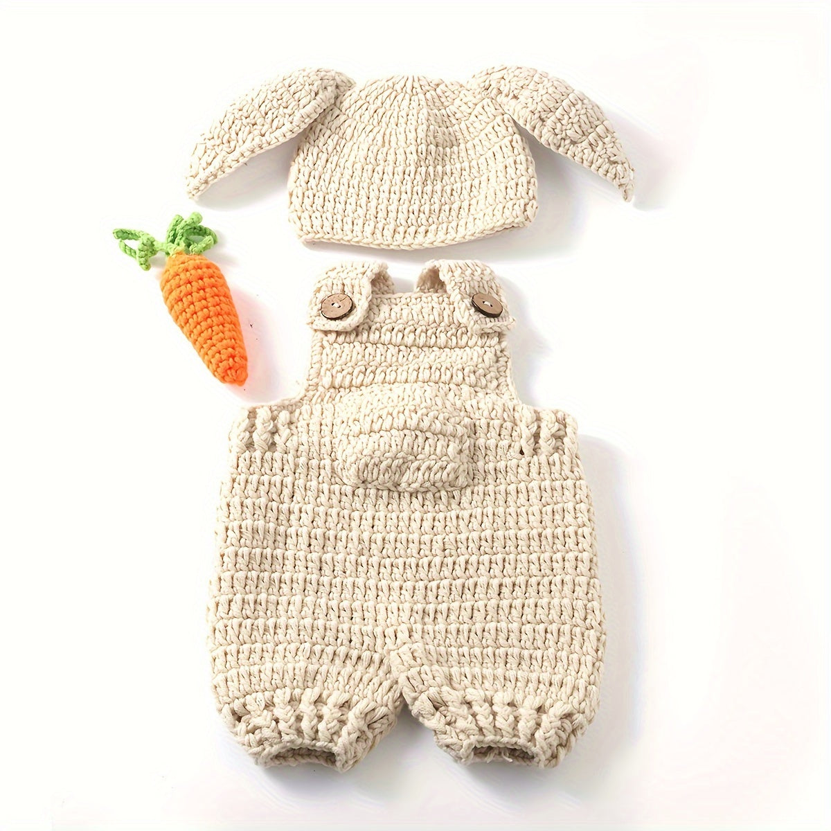 Set of 3 Cute Crochet Carrot Rabbit Kids Photoshoot Props - Includes Polyester Knit Suspender Pants & Hat, Ideal for Capturing Youngsters' First Moments