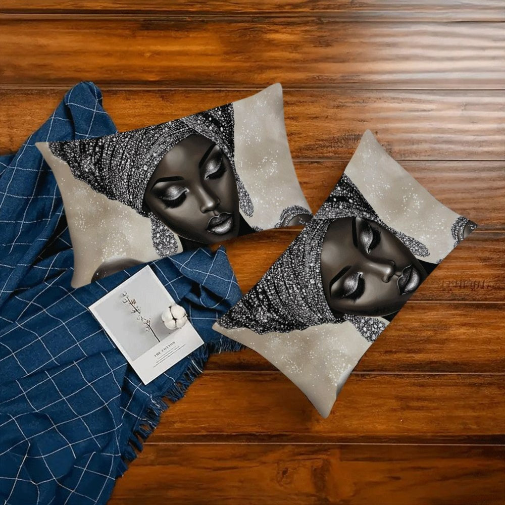 Two African Woman Themed Polyester Pillow Covers in Casual Style, Machine Washable with Zipper Closure. Space-Themed Decorative Cushion Cases designed for Back Sleepers, offering All-Season Comfort for ages 14 and up.