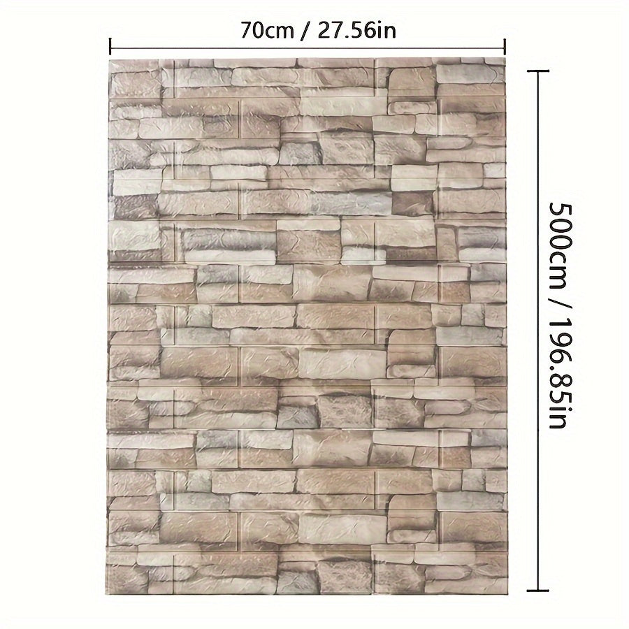 1 self-adhesive 3D foam wallpaper roll with retro brick pattern that is waterproof and oilproof, suitable for DIY furniture refurbishment in living rooms, kitchens, and bedrooms.